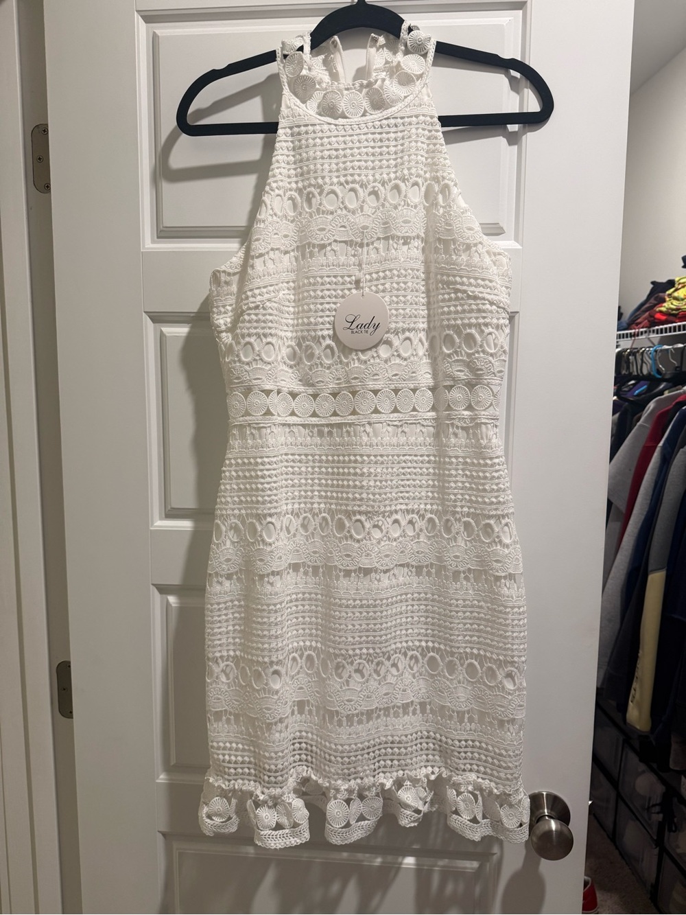 Lady Lace Crochet Halter Midi Dress in White